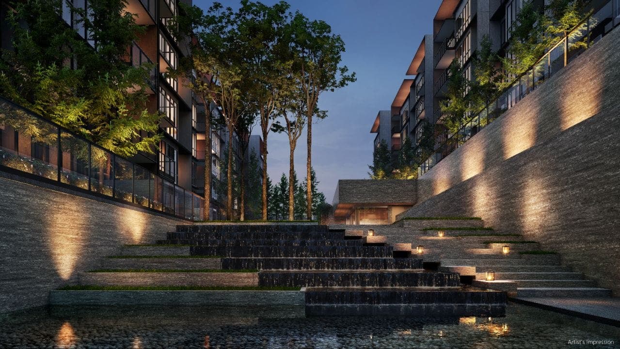 Amberwood at Holland terraced water feature between the blocks
