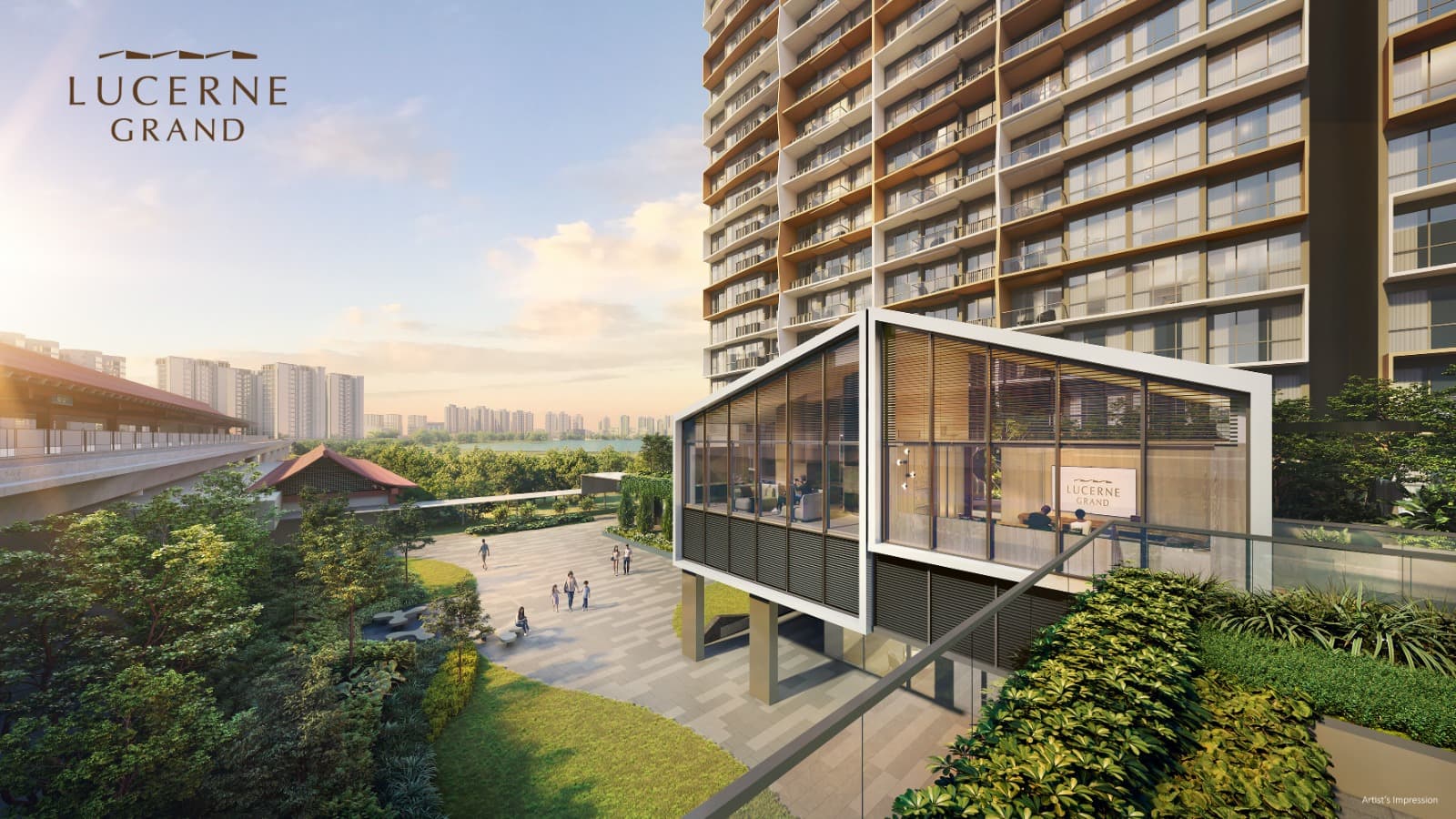 Lucerne Grand — arrival plaza and glass pavilion beside the residential tower